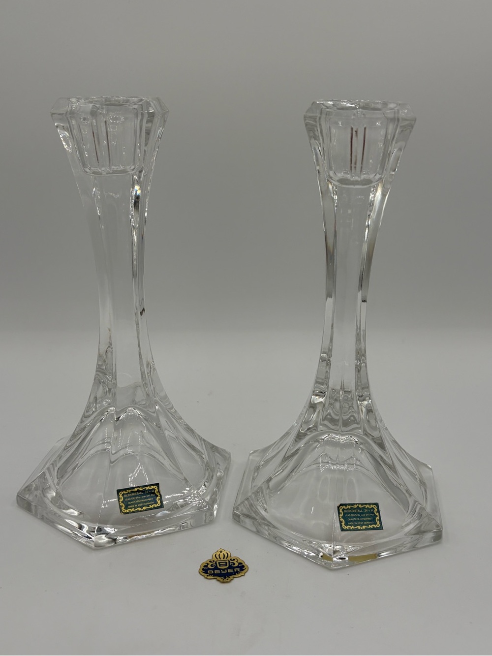 Beyer West Germany Lead Crystal Candlesticks Pair Vintage 24% PbO 7”